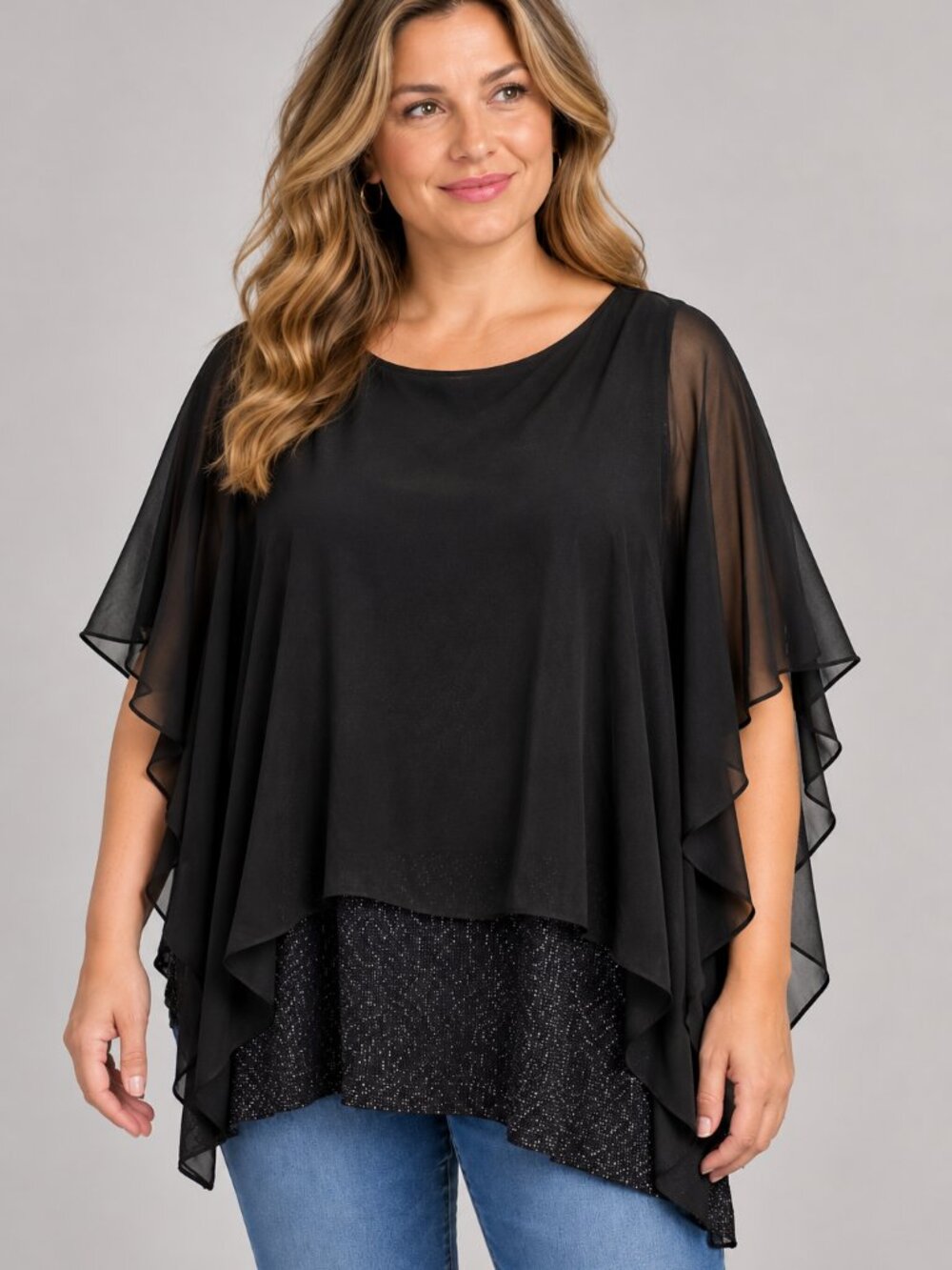 Easywear by Chico’s Estimated XL Black Layered Poncho Top Sheer Cape • Metallic